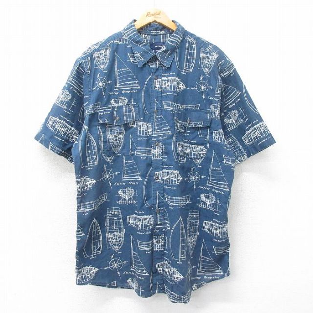 XL★古着 ベーシックエディションズ 半袖 シャツ メンズ ヨット 大きいサイズ ロング丈 コットン 紺他 ネイビー 25apr19 中古 トップス
