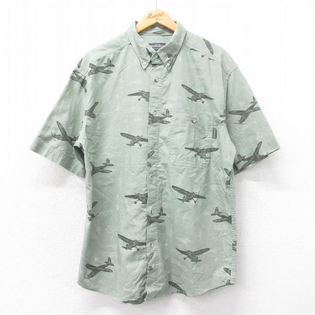 XL★古着 ウールリッチ WOOLRICH 半袖 シャツ メンズ 飛行機 大きいサイズ コットン ボタンダウン 緑系 グリーン 25apr19 中古 トップス