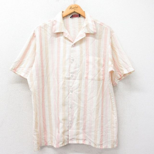 XL★古着 半袖 シャツ メンズ 90年代 90s 開襟 オープンカラー USA製 薄ベージュ他 カーキ ストライプ 25apr19 中古 トップス