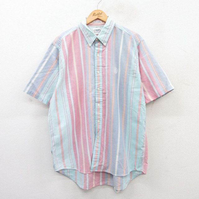 XL★古着 ラルフローレン Ralph Lauren チャップス 半袖 ブランド シャツ メンズ 90年代 90s ワンポイントロゴ オックスフォード 大きいサイズ コットン ボタンダウン USA製 薄紺他 ネイビー ストライプ 25apr19 中古 トップス