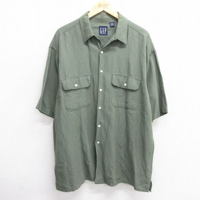XL★古着 ギャップ GAP 半袖 シャツ メンズ 90年代 90s ロング丈 リネン レーヨン 開襟 オープンカラー 濃緑 グリーン 【spe】 25apr21 中古 トップス