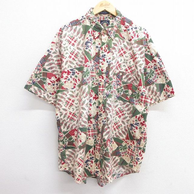 XL★古着 GANT 半袖 シャツ メンズ 90年代 90s ペイズリー柄 総柄 大きいサイズ ロング丈 コットン ボタンダウン 薄ベージュ他 カーキ 25apr21 中古 トップス