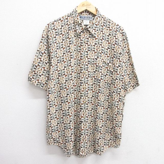 L★古着 半袖 シャツ メンズ 総柄 ロング丈 レーヨン 薄ベージュ系他 カーキ 25apr21 中古 トップス