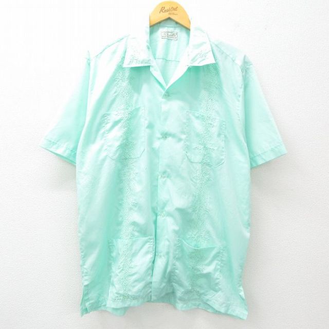 XL★古着 半袖 キューバ シャツ メンズ 90年代 90s 開襟 オープンカラー 緑系 グリーン 25apr21 中古 トップス