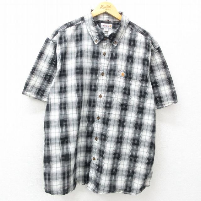 XL★古着 カーハート Carhartt 半袖 シャツ メンズ 大きいサイズ ロング丈 コットン ボタンダウン 黒他 ブラック チェック 25apr21 中古 トップス