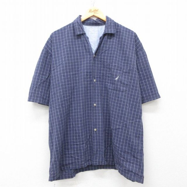 XL★古着 ノーティカ NAUTICA 半袖 ブランド シャツ メンズ ワンポイントロゴ 開襟 オープンカラー 紺他 ネイビー チェック 25apr21 中古 トップス