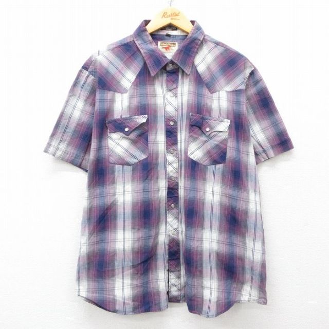 XL★古着 半袖 ウエスタン シャツ メンズ 90年代 90s 大きいサイズ 紫他 パープル チェック 25apr21 中古 トップス