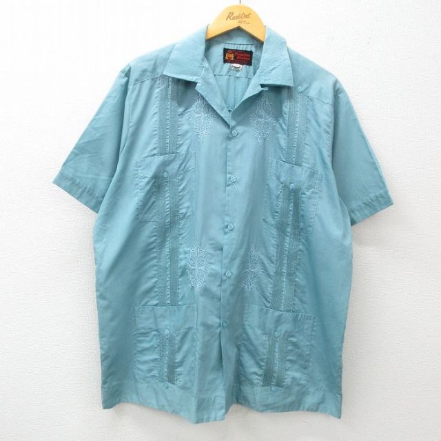 XL★古着 半袖 キューバ シャツ メンズ 80年代 80s 開襟 オープンカラー 水色 【spe】 25apr21 中古 トップス