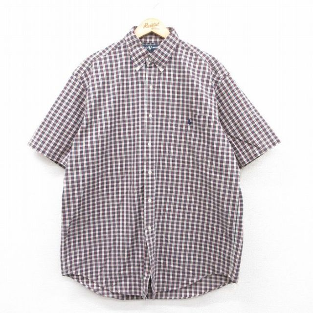 XL★古着 ラルフローレン Ralph Lauren 半袖 ブランド シャツ メンズ 90年代 90s ワンポイントロゴ BLAKE ロング丈 コットン ボタンダウン 黒他 ブラック チェック 【spe】 25apr23 中古 トップス
