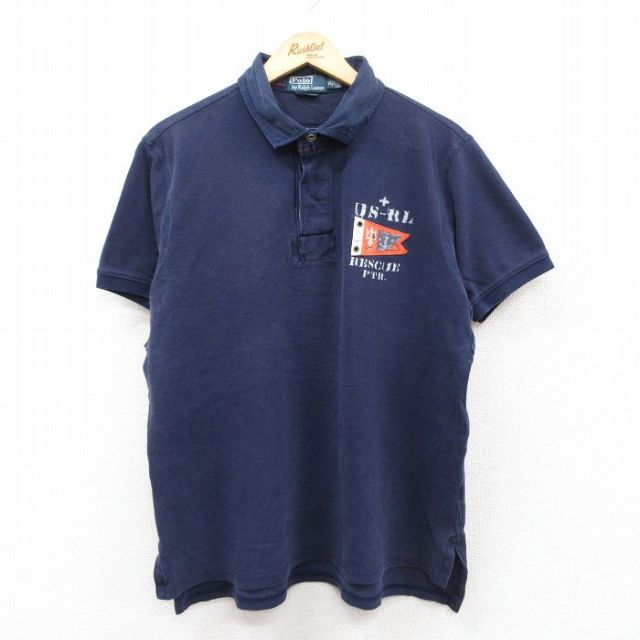 L★古着 ラルフローレン Ralph Lauren 半袖 ブランド ラガー シャツ メンズ 90年代 90s 旗 P32 鹿の子 コットン 紺 ネイビー 【spe】 25apr23 中古 トップス