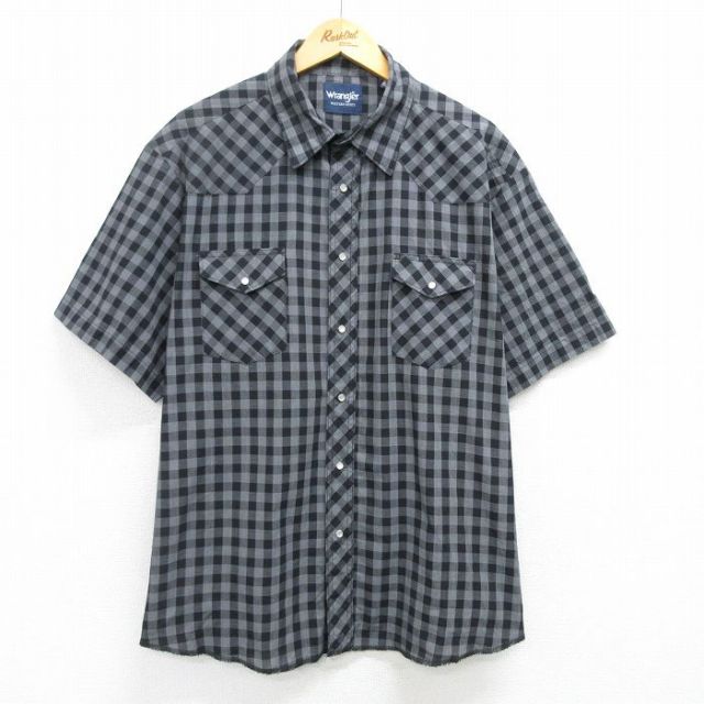 XL★古着 ラングラー Wrangler 半袖 ウエスタン シャツ メンズ 黒他 ブラック チェック 25apr23 中古 トップス