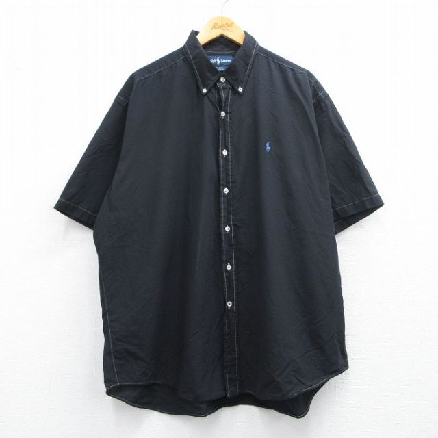 XL★古着 ラルフローレン Ralph Lauren 半袖 ブランド シャツ メンズ 90年代 90s ワンポイントロゴ BLAKE 大きいサイズ ロング丈 コットン ボタンダウン 黒 ブラック 25apr23 中古 トップス