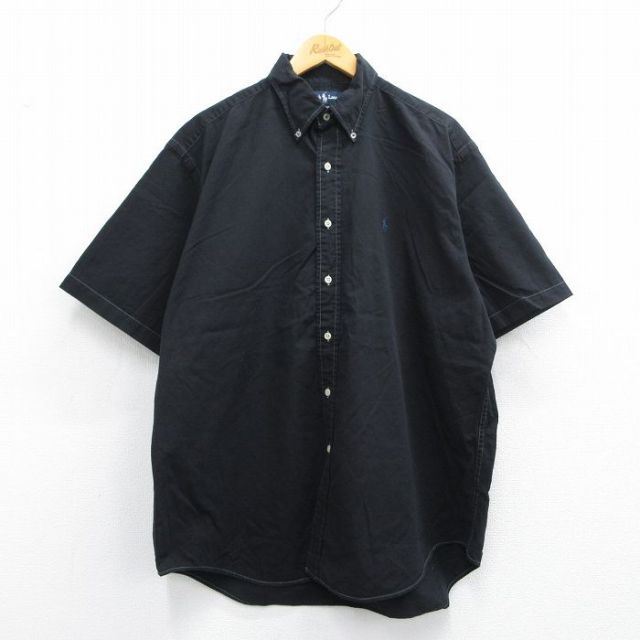 XL★古着 ラルフローレン Ralph Lauren 半袖 ブランド シャツ メンズ 90年代 90s ワンポイントロゴ BLAIRE 大きいサイズ ロング丈 コットン ボタンダウン 黒 ブラック 25apr23 中古 トップス