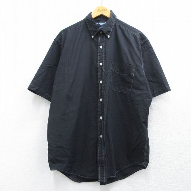 XL★古着 ラルフローレン Ralph Lauren 半袖 ブランド シャツ メンズ 90年代 90s ワンポイントロゴ TILDEN 大きいサイズ ロング丈 コットン ボタンダウン 黒 ブラック 25apr23 中古 トップス