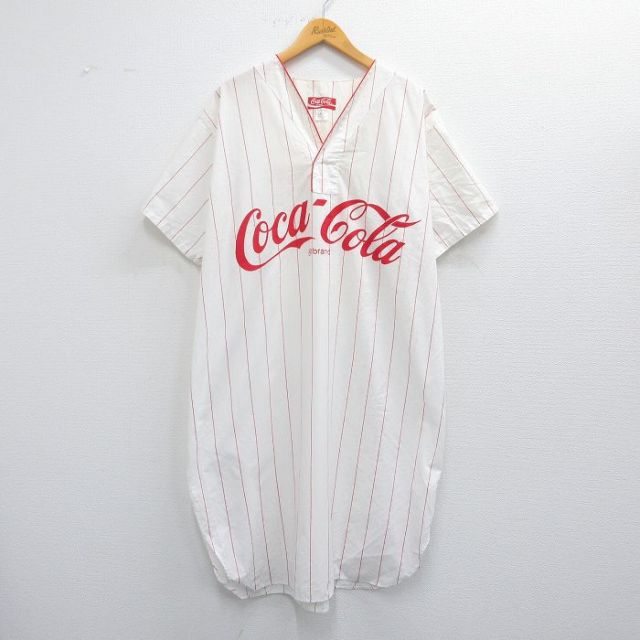 【20%OFF】XL★古着 半袖 シャツ メンズ 90年代 90s コカコーラ ロング丈 USA製 白他 ホワイト ストライプ 【spe】 25apr23 中古 トップス