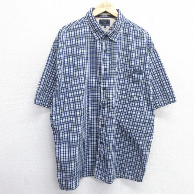 XL★古着 トミーヒルフィガー TOMMY HILFIGER トミージーンズ 半袖 ブランド シャツ メンズ 大きいサイズ ロング丈 コットン 濃紺他 ネイビー チェック 25apr23 中古 トップス