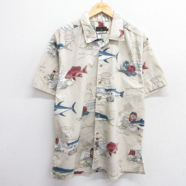 XL★古着 半袖 シャツ メンズ 魚 ベージュ カーキ 25apr23 中古 トップス