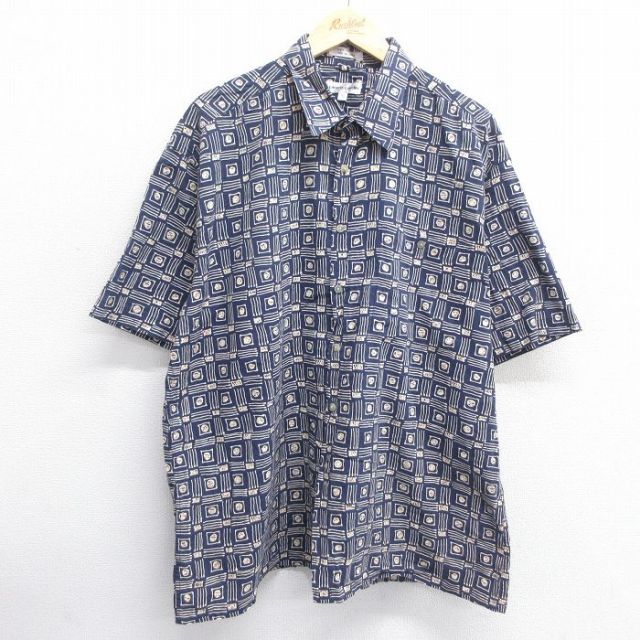 XL★古着 ピエールカルダン pierre cardin 半袖 ブランド シャツ メンズ 90年代 90s 総柄 大きいサイズ コットン 濃紺 ネイビー 25apr23 中古 トップス