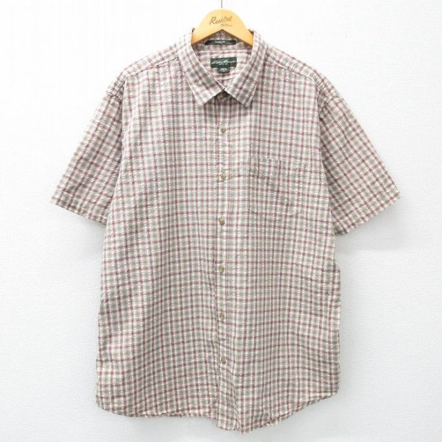 XL★古着 エディーバウアー 半袖 シャツ メンズ 大きいサイズ コットン 薄緑他 グリーン チェック 25apr23 中古 トップス