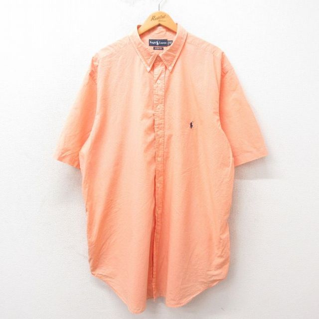 XL★古着 ラルフローレン Ralph Lauren 半袖 ブランド シャツ メンズ 90年代 90s ワンポイントロゴ 大きいサイズ ロング丈 コットン ボタンダウン オレンジ チェック 25apr25 中古 トップス