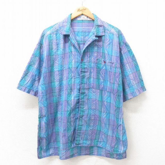 XL★古着 半袖 シャツ メンズ 90年代 90s コットン 開襟 オープンカラー 紫他 パープル 25apr25 中古 トップス
