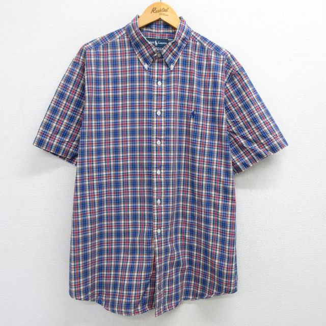 XL★古着 ラルフローレン Ralph Lauren 半袖 ブランド シャツ メンズ 90年代 90s ワンポイントロゴ 大きいサイズ コットン ボタンダウン 紺他 ネイビー チェック 25apr25 中古 トップス