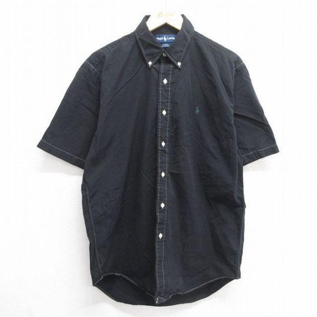 L★古着 ラルフローレン Ralph Lauren 半袖 ブランド シャツ メンズ 90年代 90s ワンポイントロゴ BLAKE コットン ボタンダウン 黒 ブラック 25apr25 中古 トップス