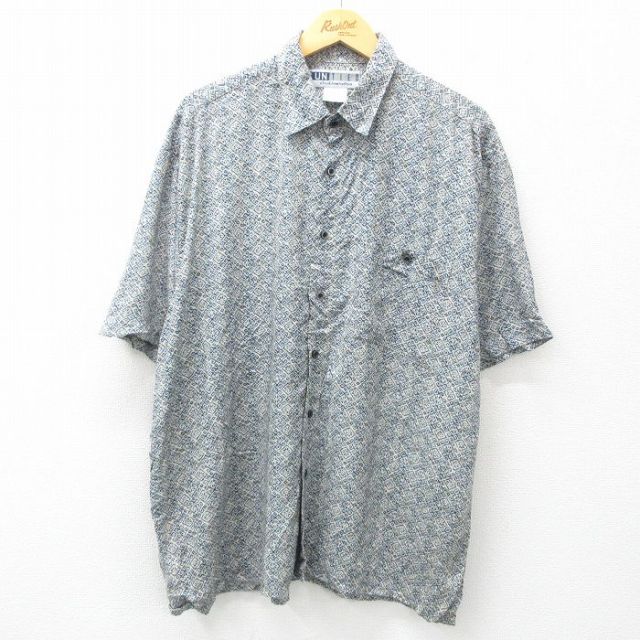 XL★古着 半袖 シャツ メンズ 総柄 レーヨン 紺他 ネイビー 25apr26 中古 トップス