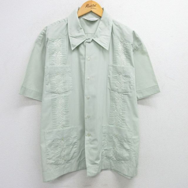 XL★古着 半袖 キューバ シャツ メンズ 80年代 80s 刺繍 大きいサイズ 緑 グリーン 25apr26 中古 トップス