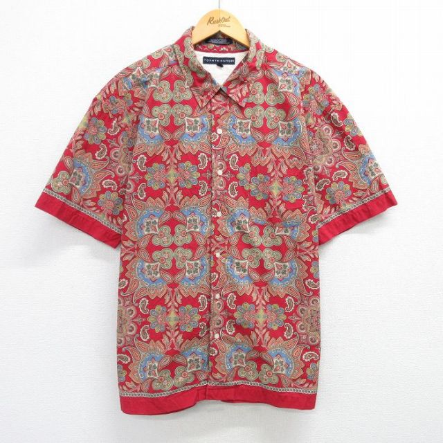 XL★古着 トミーヒルフィガー TOMMY HILFIGER 半袖 ブランド シャツ メンズ 花柄 ペイズリー柄 大きいサイズ コットン ボタンダウン 赤他 レッド 25apr26 中古 トップス