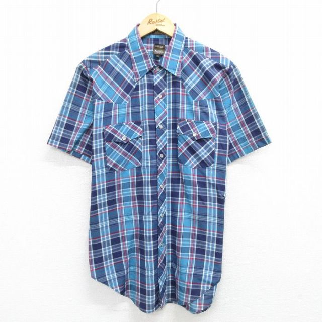 L★古着 半袖 ウエスタン シャツ メンズ 80年代 80s ロング丈 紺他 ネイビー チェック 25apr26 中古 トップス