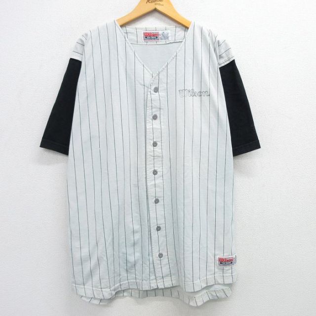 XL★古着 ウィルソン 半袖 ベースボール シャツ メンズ 00年代 00s ワンポイントロゴ ロング丈 コットン 黒他 ブラック ストライプ 【spe】 25apr26 中古 トップス