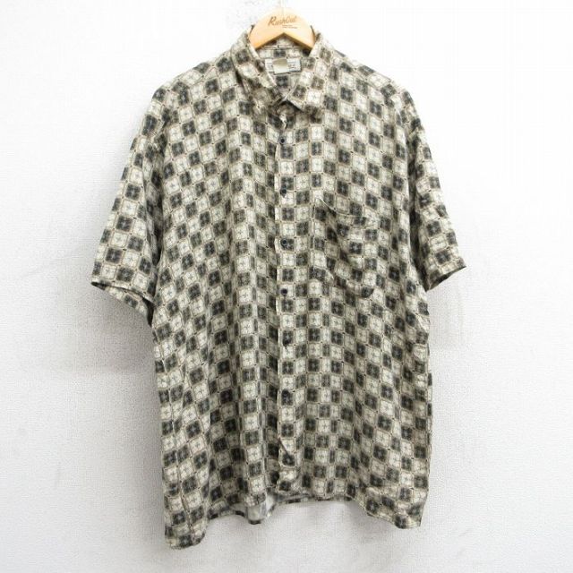【50%OFF】XL★古着 半袖 シャツ メンズ 90年代 90s 総柄 レーヨン ベージュ系他 カーキ 25apr26 中古 トップス