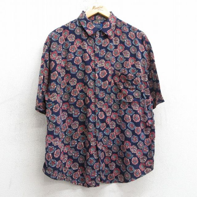 XL★古着 半袖 シャツ メンズ 90年代 90s 花柄 レーヨン 紺他 ネイビー 25apr26 中古 トップス