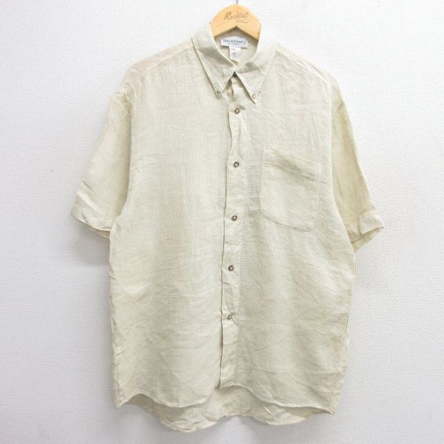 L★古着 半袖 シャツ メンズ 90年代 90s リネン ボタンダウン イタリア製 ベージュ カーキ 25apr28 中古 トップス