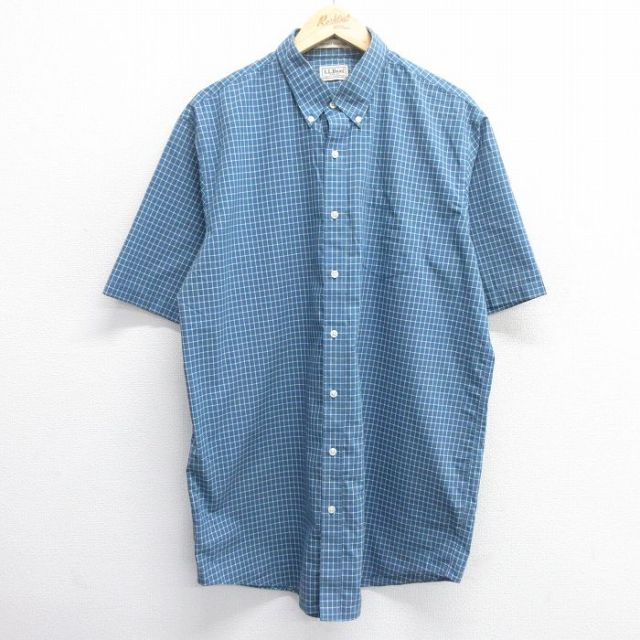 XL★古着 エルエルビーン LLBEAN 半袖 シャツ メンズ 00年代 00s ロング丈 コットン ボタンダウン 薄紺他 ネイビー チェック 25apr28 中古 トップス
