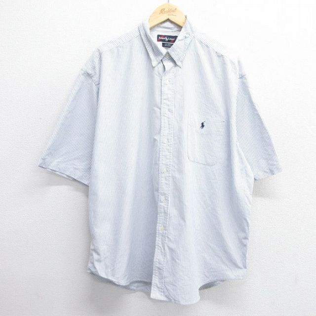 XL★古着 ラルフローレン Ralph Lauren 半袖 ブランド シャツ メンズ 90年代 90s ワンポイントロゴ BIG SHIRT オックスフォード 大きいサイズ ロング丈 コットン ボタンダウン 白他 ホワイト ストライプ 【spe】 25apr28 中古 トップス