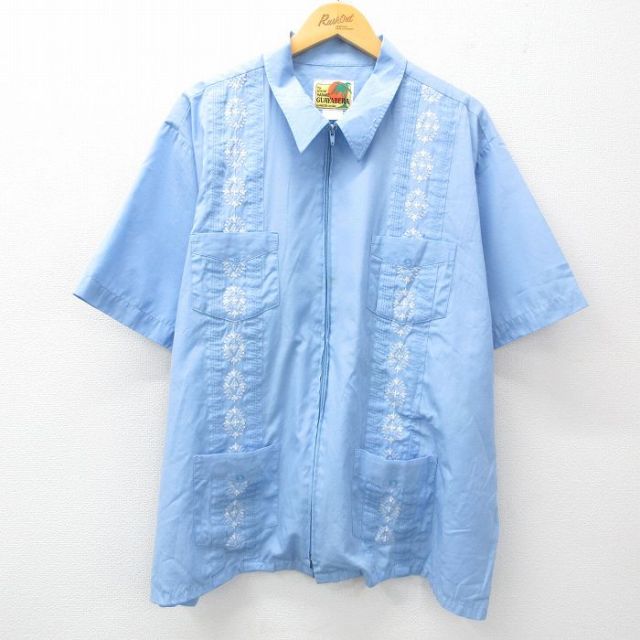 XL★古着 HABAND 半袖 フルジップ キューバ シャツ メンズ 90年代 90s 大きいサイズ 薄紺 ネイビー 25apr28 中古 トップス
