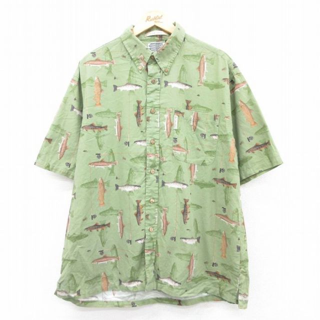 XL★古着 コロンビア COLUMBIA 半袖 シャツ メンズ 00年代 00s 魚 釣り 総柄 ボタンダウン 薄緑 グリーン 25apr28 中古 トップス