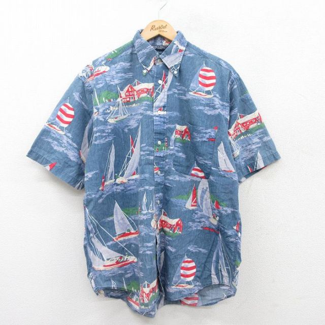 XL★古着 ノーティカ NAUTICA 半袖 ブランド シャツ メンズ 90年代 90s ヨット 家　総柄 コットン ボタンダウン 紺系 ネイビー 25apr28 中古 トップス