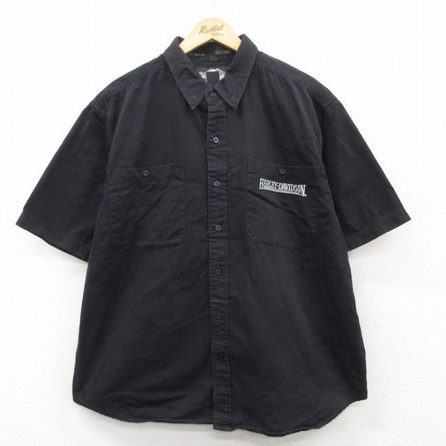 XL★古着 ハーレーダビッドソン Harley Davidson 半袖 シャツ メンズ 大きいサイズ コットン ボタンダウン 黒 ブラック 【spe】 25apr28 中古 トップス