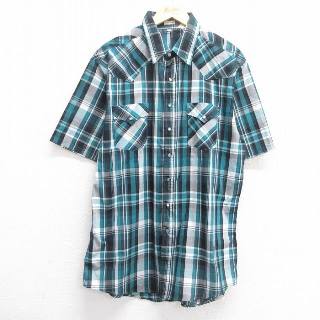 XL★古着 半袖 ウエスタン シャツ メンズ 90年代 90s ロング丈 緑他 グリーン チェック 25apr28 中古 トップス