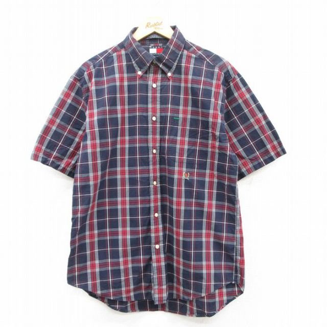 L★古着 トミーヒルフィガー TOMMY HILFIGER 半袖 ブランド シャツ メンズ 90年代 90s ワンポイントロゴ コットン ボタンダウン 紺他 ネイビー チェック 25apr28 中古 トップス