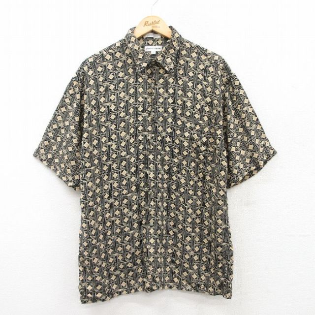 L★古着 ピエールカルダン pierre cardin 半袖 ブランド シャツ メンズ 90年代 90s 総柄 レーヨン 黒他 ブラック 25apr28 中古 トップス