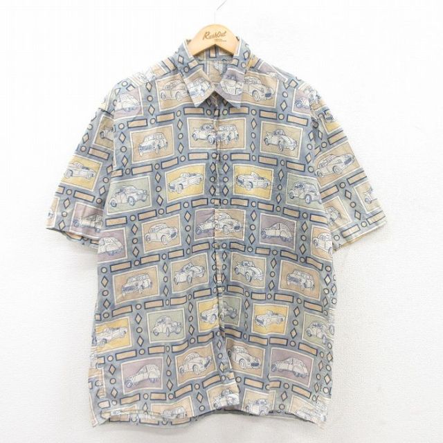 XL★古着 半袖 シャツ メンズ 車　総柄 薄紺他 ネイビー 25apr28 中古 トップス