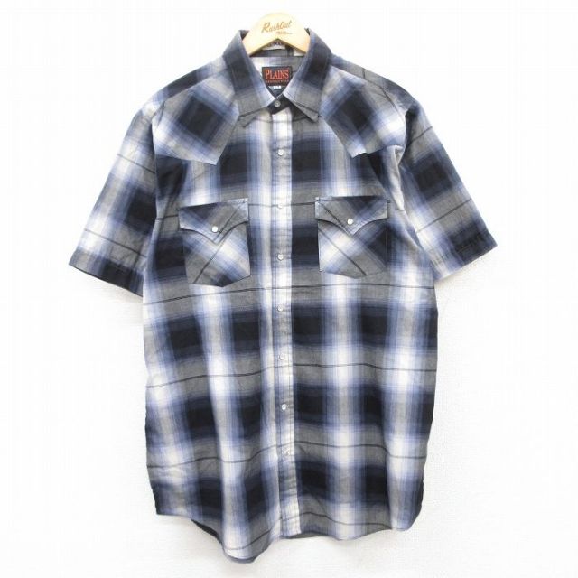 XL★古着 半袖 ウエスタン シャツ メンズ 紺他 ネイビー オンブレ チェック 25apr28 中古 トップス