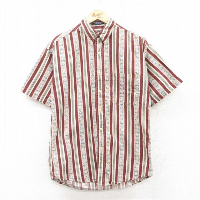 L★古着 ラルフローレン Ralph Lauren チャップス 半袖 ブランド シャツ メンズ 90年代 90s ボタンダウン 茶系他 ブラウン ストライプ 25apr28 中古 トップス
