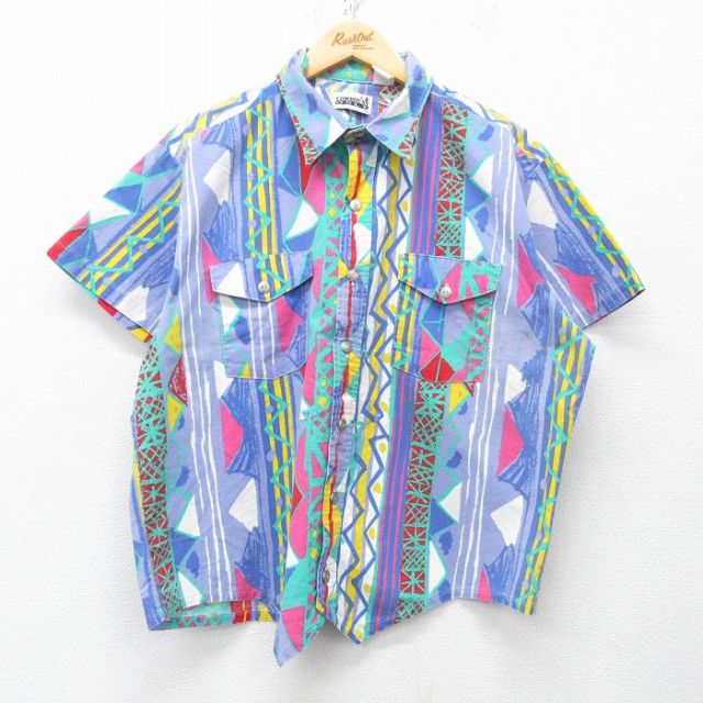 90s 半袖シャツ 総柄 ネイビー XL | 古着