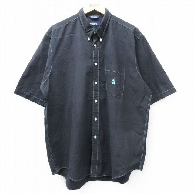 XL★古着 ノーティカ NAUTICA 半袖 ブランド シャツ メンズ 90年代 90s ワンポイントロゴ 大きいサイズ ロング丈 コットン ボタンダウン 黒他 ブラック ストライプ 25apr30 中古 トップス