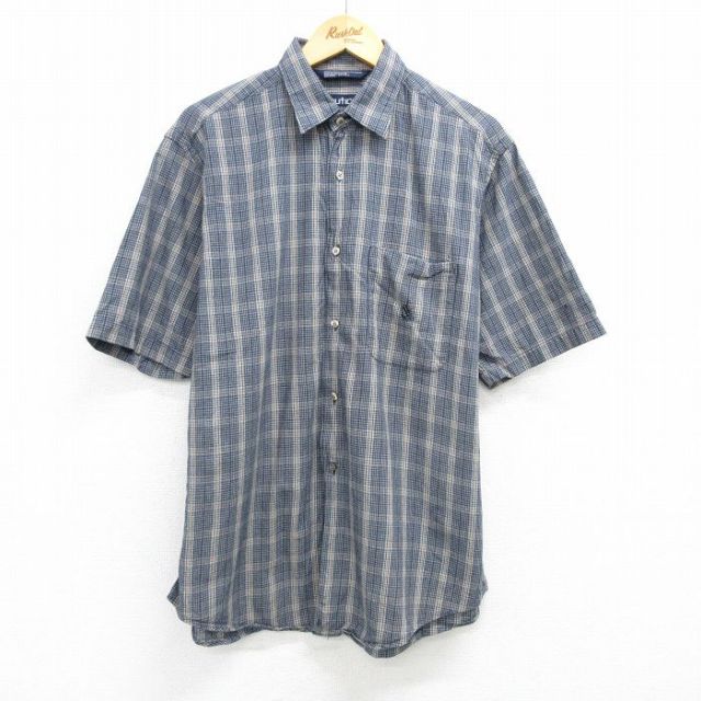 L★古着 ノーティカ NAUTICA 半袖 ブランド シャツ メンズ 90年代 90s ワンポイントロゴ コットン 濃紺他 ネイビー チェック 25apr30 中古 トップス